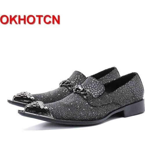 Handmade Leather Shoes Men Designer Pentagram Men Spike Shoes Metal Pointed Toe Tall Men Shoes Crystal Hoops New Dress Shoes Men