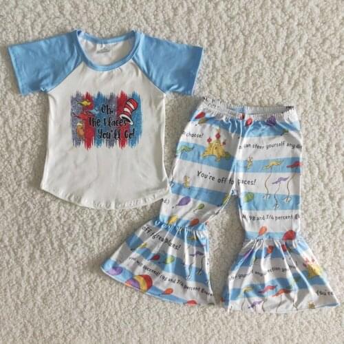 RTS Cartoon clothes fashion baby girls boutique outfits spring short sleeve raglan top bell bottom pants children wholesale sets