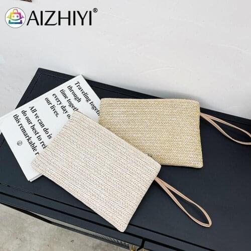 Fashion Women Bohemian Woven Clutch Wristlet Bag Casual Ladies Beach Summer Solid Color Small Handbags Purse