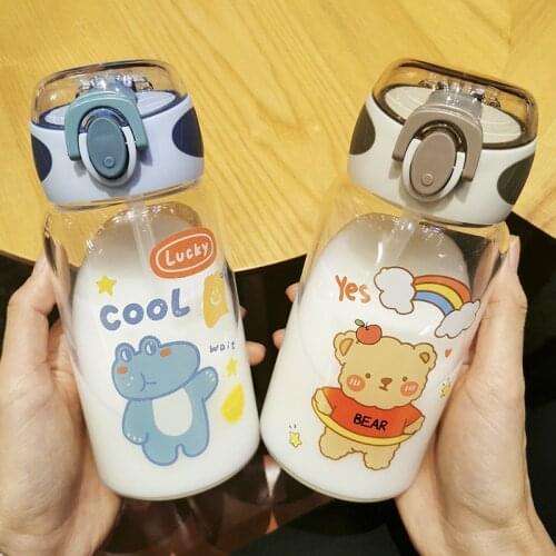 Cartoon Fashion Kids Water Bottles With Straw Transparent Glass Cup Creative Portable Student Drinking Cup Outdoor Sports Cups