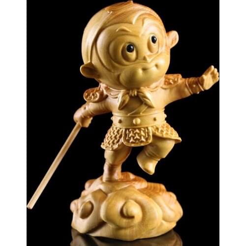 Cartoon Monkey King Wukong 10CM Chinese Boxwood Statu Dolls Gift Carved Decor Wall Figurines Garden Miniatures