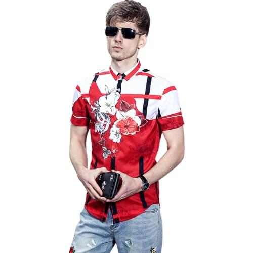 Fanzhuan Free Shipping New fashion casual male mens Summer red 2017 short sleeved shirts slim color printedblouse 713046 5XL