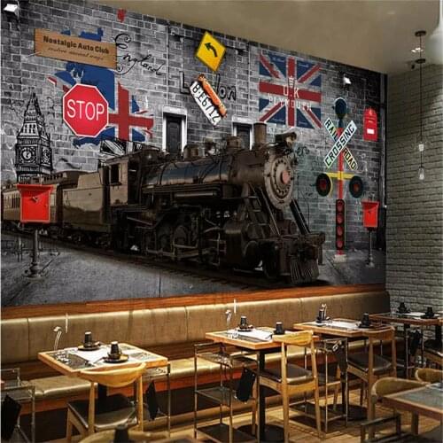 Wall Paper 3D Europen Retro Nostalgic British Train Bus Classic Car Postbox Gray Brick Wall Industrial Decor Mural Wallpaper 3D