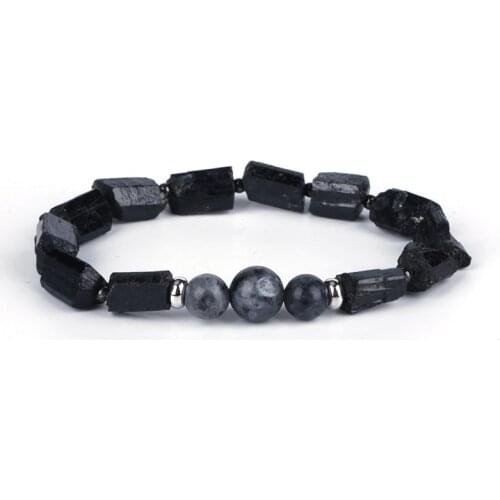 Natutal Rough Black Tourmaline Grey Labradorite Semi Stone Bead Charm Unisex Healing Energy Bracelet For Man Women