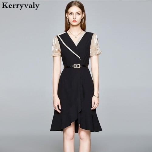 Summer Short-Sleeved V-neck A- Line High-Waisted Irregular Splicing Ruffled Black Office Party Dress Female Send with Belt K9105