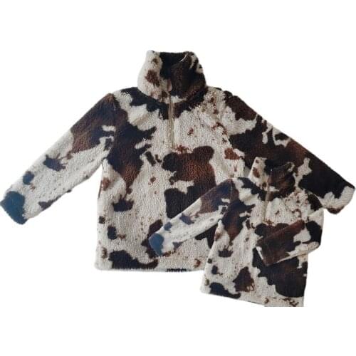 Mommy and Me Holiday gift kids sherpa pullovers fall winter Cow Print fleece warm Sherpa coats