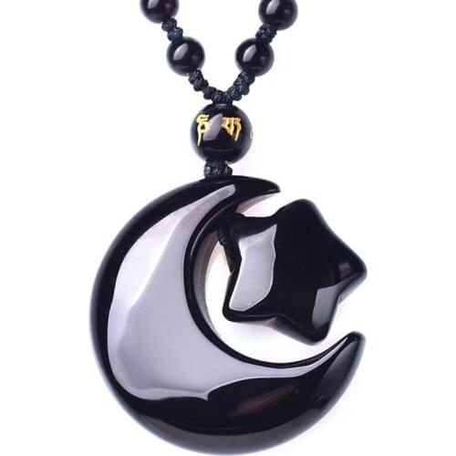 Drop Shipping Natural Obsidion energy stone Pendant crystal Carved Star moon mascot Pendant Necklace Lovers Jade Jewelry