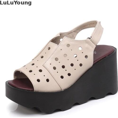 Genuine Leather Shoes Summer High Heel Wedges Hollow Out Open Toe Sandals Women