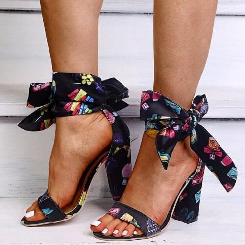 2021 Women Summer Sandals Bowknot High Square Heel Open Toe Leather Heels Pumps Shoes 10 CM Female Fashion Gladiator Ankle Strap