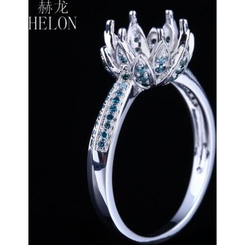 HELON Brilliant 0.4ct Blue Diamond Semi Mount Ring Sterling Silver 925 Lotus Flower Engagement Wedding Fine Ring Round Cut 8-9mm