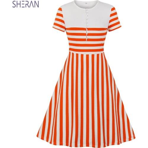 SHERAN White Orange Striped Button Up Knitted Vintage Dress2020 Spring Autumn Women Dress Short Sleeve Flare A Line Dresses