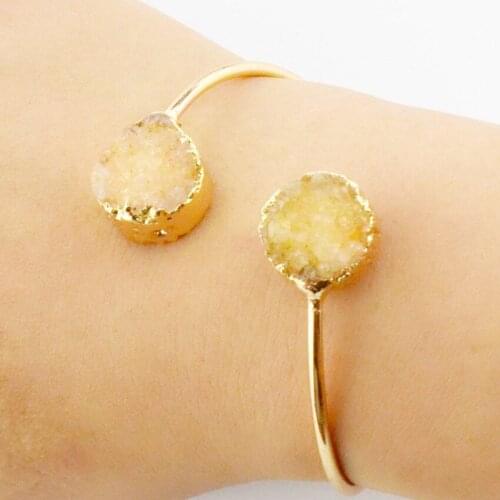 FYJS Unique Light Yellow Gold Color Irregular Shape Crystal Dyed Cluster Open Bangle Ethnic Style Jewelry