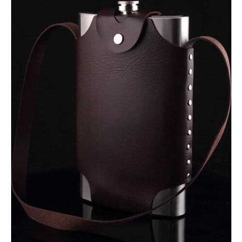 Stainless Steel Big 64oz/1800ml Outdoor Portable Flagon Wine Pot Metal Bottle Hip Flask+Leather Cover Bag Alcohol Pot Bottle