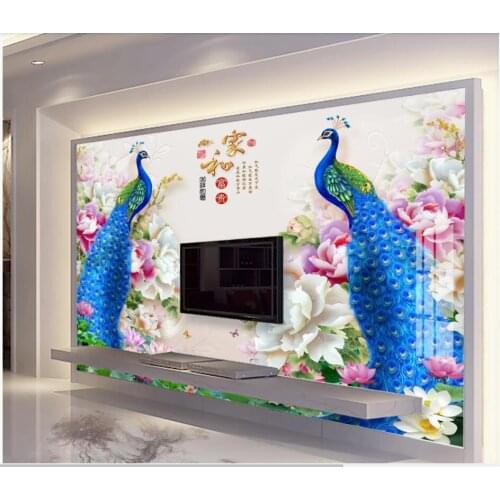 WDBH Custom photo mural 3d wallpaper Peacock peony flower jade carving home decor 3d wall murals wallpaper for living room
