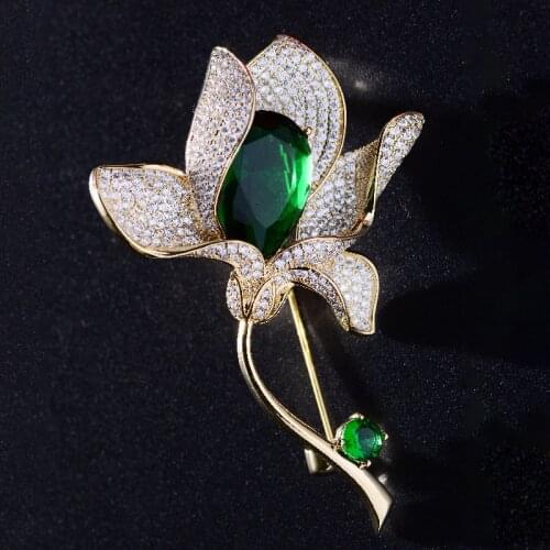 Red Green Yellow Crystal Magnolia Brooches for Women Large Flower Zircon Broche Pin Engagement Accessory Wedding Jewelry Corsage