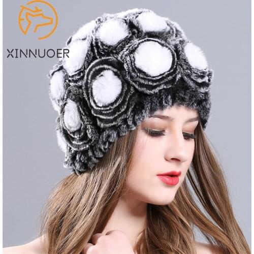 Ladies Knitted Hat Natural Fur Luxury Beautiful Leisure Business Winter Outdoor Warm Rex Rabbit Rose Hat 2021 New Products