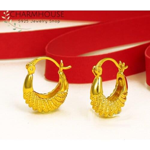 Charmhouse Pure Yellow Gold GP Earrings For Women U Shape Cuff Earing Brincos Femme Oorbellen Pendientes Korea Jewelry Gifts