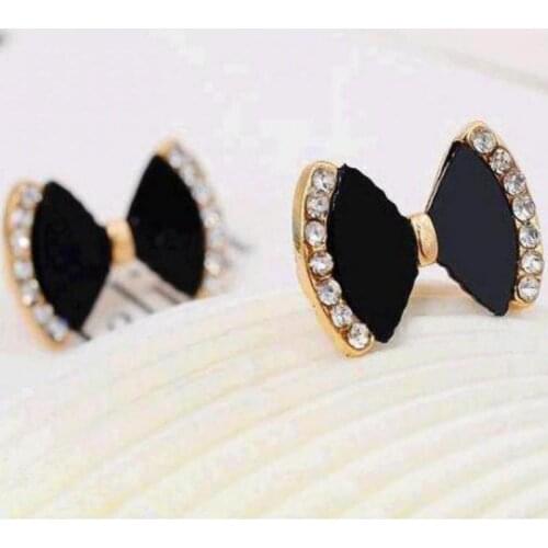 The New 1 Pair Bow Tie Black Rhinestone Crystal Bowknot Stud Earring For Women Pendientes Cristal Negro Hot Sale Earrings