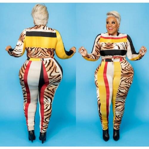 Oversized XL-5XL womens two piece set with contrast Leopard Print two piece outfits for women joggers women set