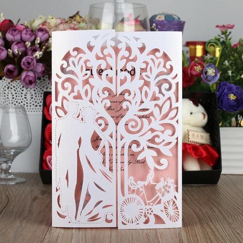 10pcs/pack Laser Cut Carved Bride Groom Pattern Wedding Invitation Card 250gsm Shiny Paper (No inner sheet or envelope)