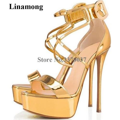 Fashion Women Open Toe High Platform Strap Cross Stiletto Heel Sandals Gold Black Ankle Buckles High Heel Sandals Dress Heels