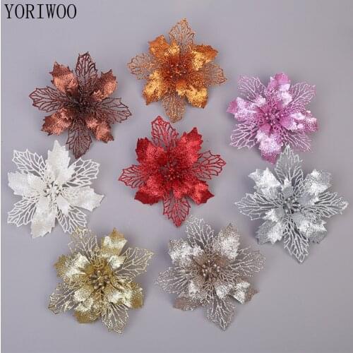 YORIWOO 3/6/12pcs Merry Christmas Ornament Artificial Flowers For Decoration Home Glitter Fake Flowers DIY Wedding Flower Head