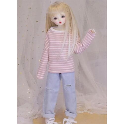 BJD doll dress is suitable for 1/4 MSD daily stripe round neck T-shirt hoodie with versatile long-sleeve jeans doll accessories