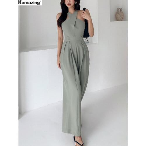 New Women Jumpsuits Sexy Backless Rompers Female Solid Wide Leg Office Lady