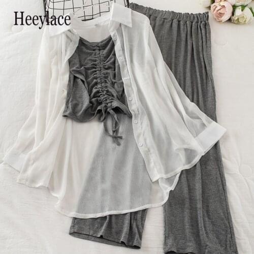 Summer women three piece fashion suit Korean chiffon shirt sunscreen + drawstring Vest+ High Waist Wide Leg Pants Sets 2021
