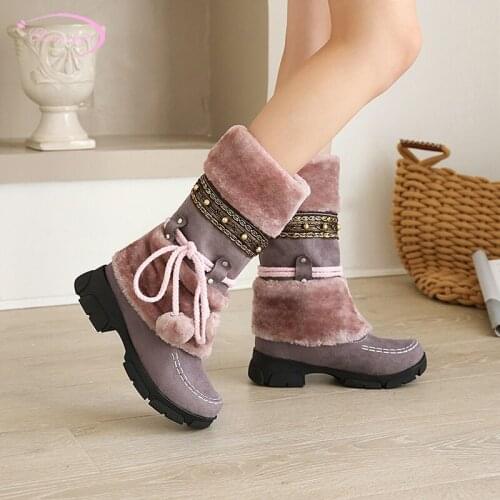 Sweet style comfortable flock winter warm snow boots plush beading rivets lace-up medium with thick heels mid-calf boots