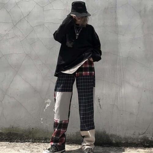 NiceMix Novelty design streetwear plaid patchwork pockets beggar pants Autumn loose full length elastic waist hip hop pants wome