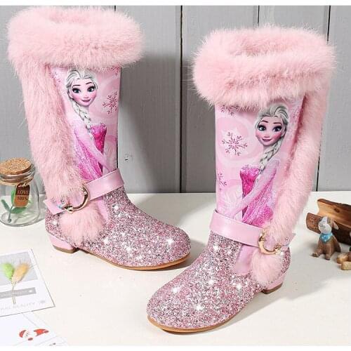 4-15 Years Old Children 2020 Winter Disney Botas Warm Long Boots Girls Low Heel Sequins Snow Boots Frozen Boots
