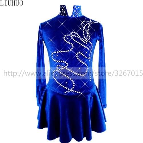 Figure Skating Dress Womens Girls' Ice Skating Dress Roller skating Competition Royal blue Shiny rhinestone Long sleeve