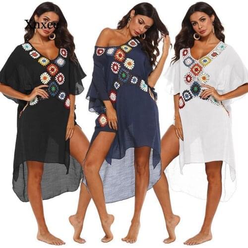 New Swim Cover Up Tunic Beach Dress Summer Women Beach Wear Boho Crochet Swimsuit Ups White Robe Dresses Long Pareo Beachwear