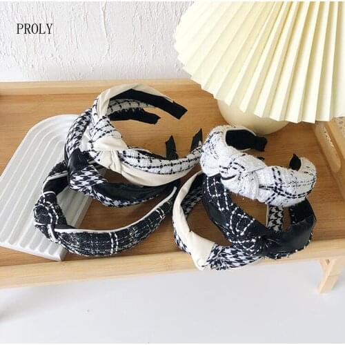 PROLY New Fashion Women Hairband Patchwork Headwear Classic Houndstooth Turban Headband Adult Center Knot Hair Accessories