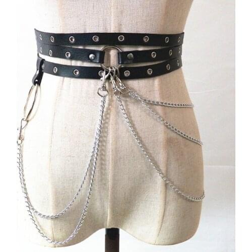Sexy Pub Female Leather Skirt Belts Punk Gothic Rock Harness Waist Metal Chain Body Bondage Hollow Belt Accessories for Lady