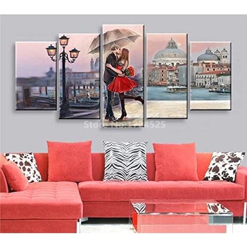 Romantic Lover Kiss in Paris Modern Canvas Painting Decorate Couple Living Room Wedding Room Wall Picture Painting 5Pcs No Frame