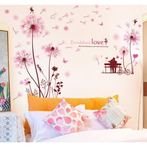 [shijuekongjian] Pink Dandelions Flowers Wall Stickers DIY Couples Wall Decals for House Living Room Bedroom Wedding Decoration