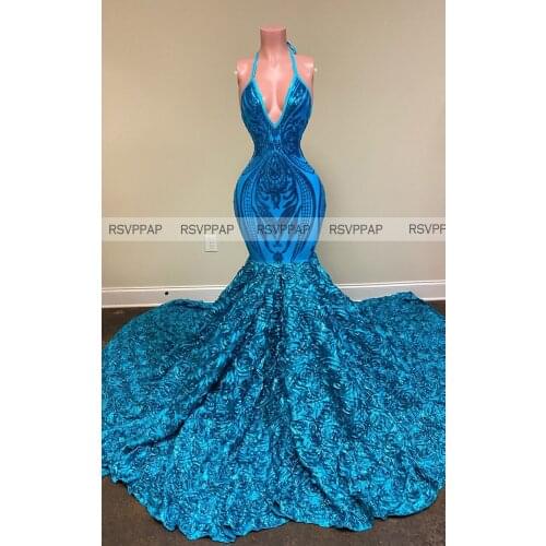 Blue Mermaid Long Prom Dresses 2021 Sexy Backless V-neck African Girl Sequin Top 3D Flowers Custom Made Prom Gowns