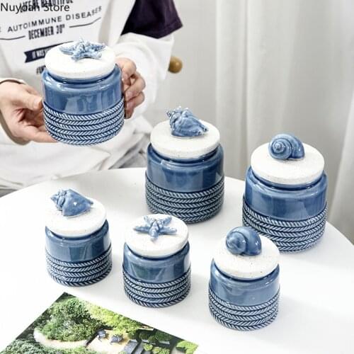Nordic Ceramic Storage Jar with Lid Marine Style Storage Jar Storage Box Coffee Flower Tea Miscellaneous Grains Jar Jewelry Box
