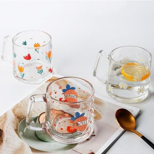 Ins Style Printed Glass Cups Coffee Mug With Handle Heat-Resistant Breakfast Milk Mugs Coffee Cups Glass Mug Water Cup Drinkware