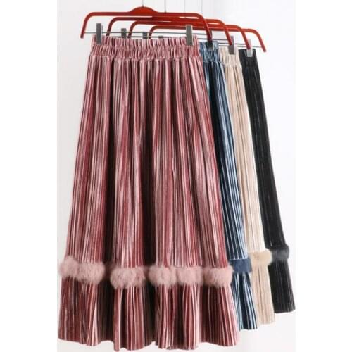 Fall Winter Vintage Women Lady Black Fur Patchwork High Elastic Waist Velour Skirt , Female Woman Pleated Velvet Long Skirts