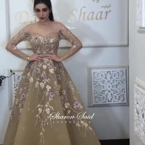 Luxury Crystal 3D Flowers Champagne Dubai Evening Gowns Long Sleeve Sparkly Arabic Prom Dresses for Women Wedding Party Gowns