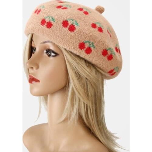 Women Beret Cherry Pattern Hat Autumn and Winter Wool Hat Winter Street Fashion Painter Hat