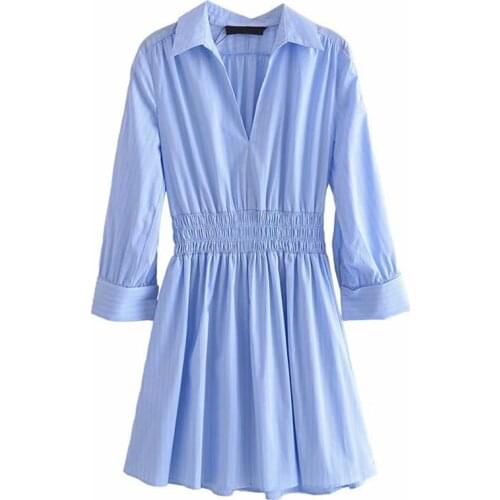 YENKYE Summer Women Vintage Striped Blue Shirt Dress Female Lapel Collar Long Sleeve Elastic Casual Loose Dress Short Vestido