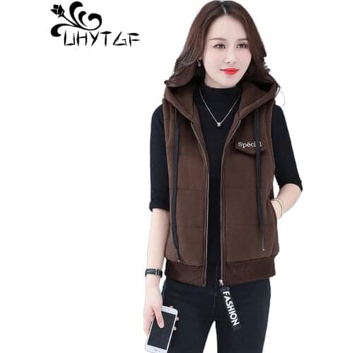 UHYTGF Vests For Women Hooded Female Sleeveless Jacket Pure Color Wild Plus Velvet Warm Autumn Winter Waistcoat Short Top 1390