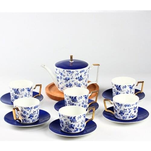 13 pcs fashion blue flower Bone china coffee set : 1 coffee pot 6 coffee cup 6 coffee saucers tea set gift household decoration