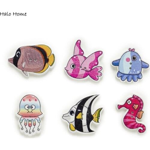 30pcs Fish Series Wood Buttons Sewing Scrapbooking Clothing Headwear Handmade Crafts Home Decor Accessories DIY 26-34mm