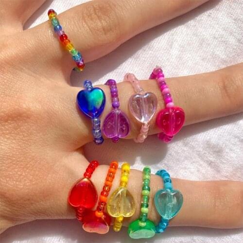 90s Aesthetic Candy Color Peach Heart Ring For Women Beads Vintage Fashion Cute Harajuku Rings Charms Y2K Jewelry New Gifts 2021