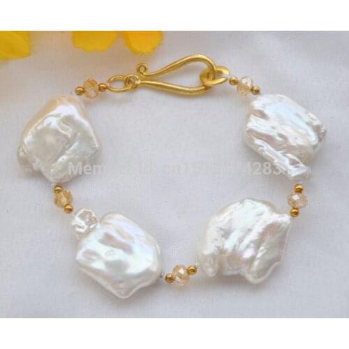 Free Shipping>>>8" 30mm WHITE BAROQUE KESHI REBORN PEARL crystal faceted BRACELET